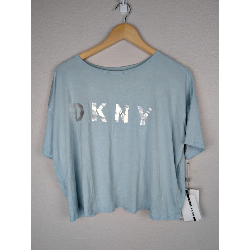 DKNY Sport Shirt Womens XS Blue Open Back Cropped Logo Tee Modal Stretch Top‎